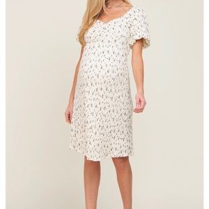 Maternity Ivory Smocked Floral Puff Sleeve Maternity Dress